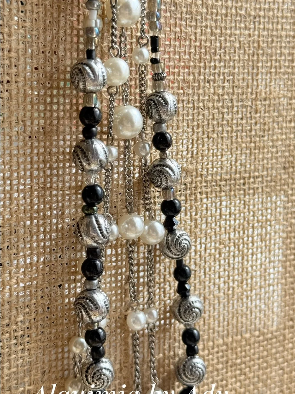 Silver, Black onyx & White Multi-Strand Necklace